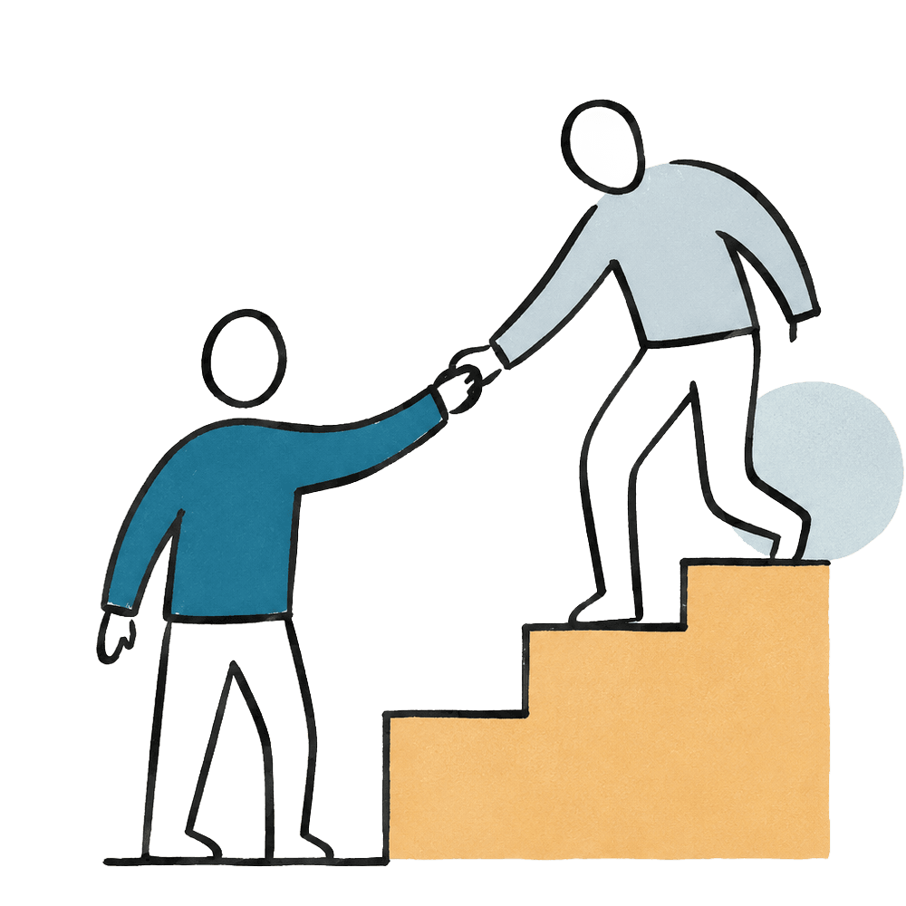 An illustrated person helping another climb a set of steps.