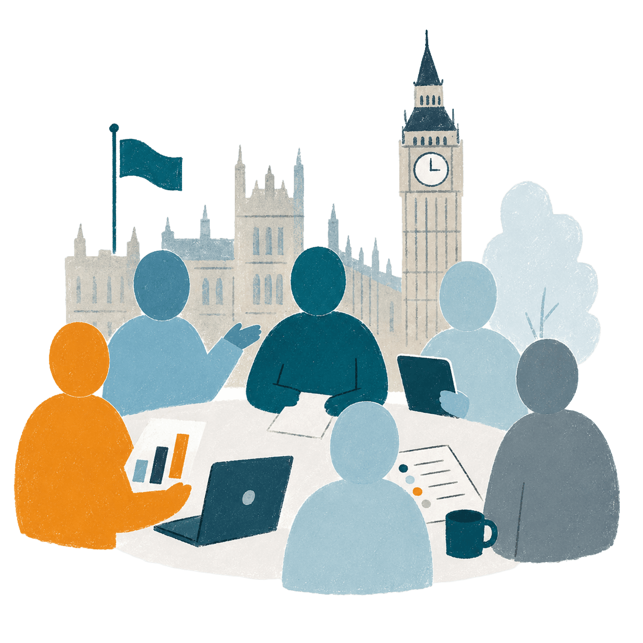Illustrated policymakers around a table in front of the Houses of Parliament.