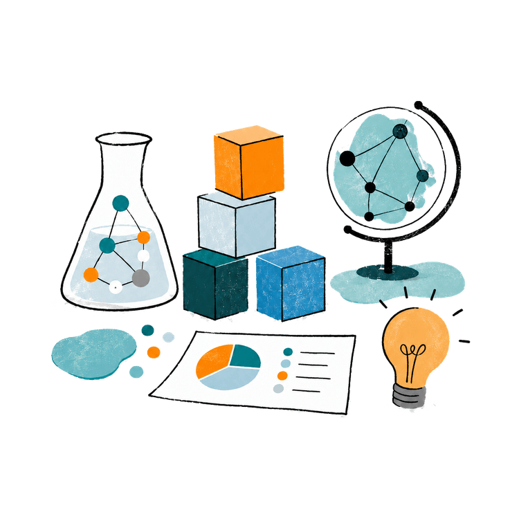 An illustrated lab bench: a flask holding a network of connected ideas, building blocks, a globe and a glowing lightbulb.