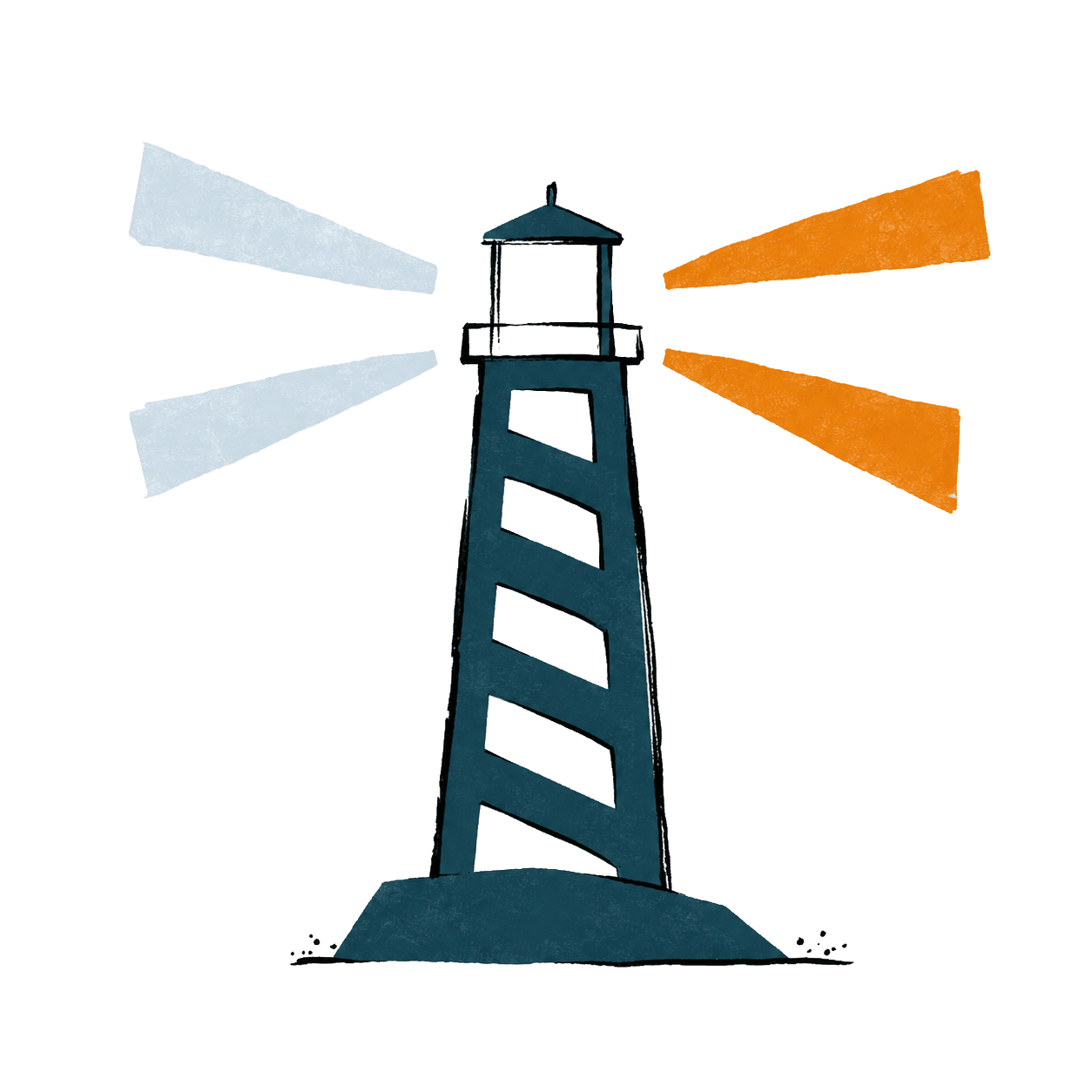 An illustrated lighthouse casting light-blue and orange beams.