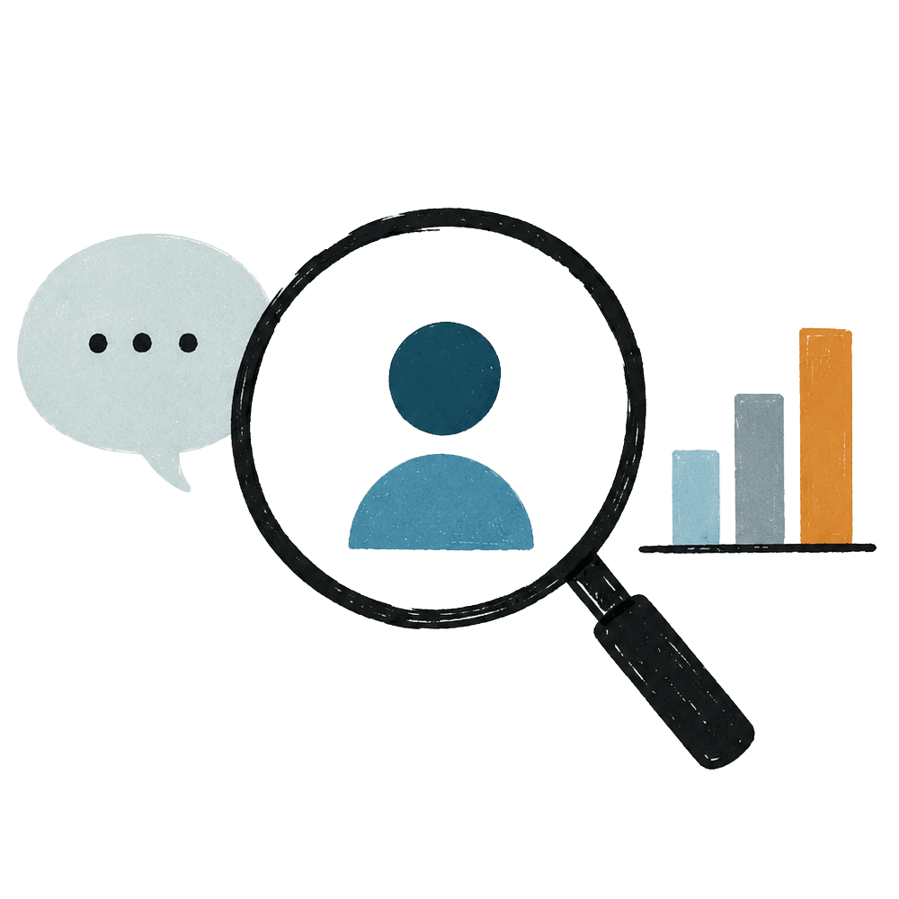 An illustrated magnifying glass over a person, with a speech bubble and a bar chart.