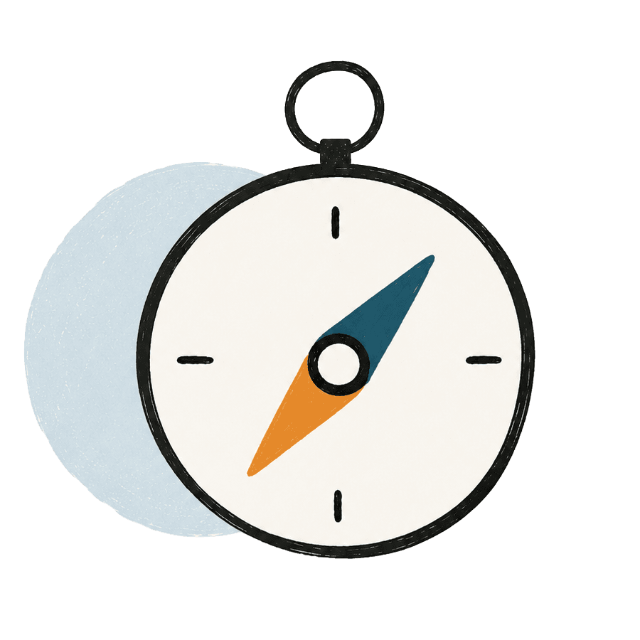 An illustrated compass with a teal and orange needle.