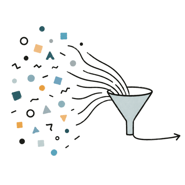 An illustration of scattered shapes and marks drawn through a funnel and out the other side as a single ordered line.
