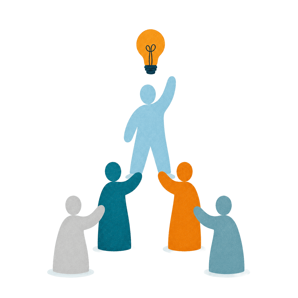An illustration of five people forming a human pyramid: four steady the base while the person on top reaches up towards a glowing lightbulb.