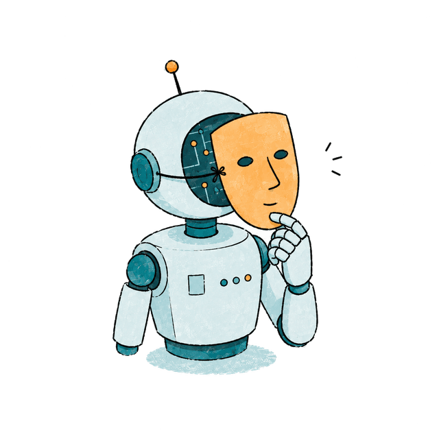 An illustrated robot holding a human face mask over its own circuit-board face.